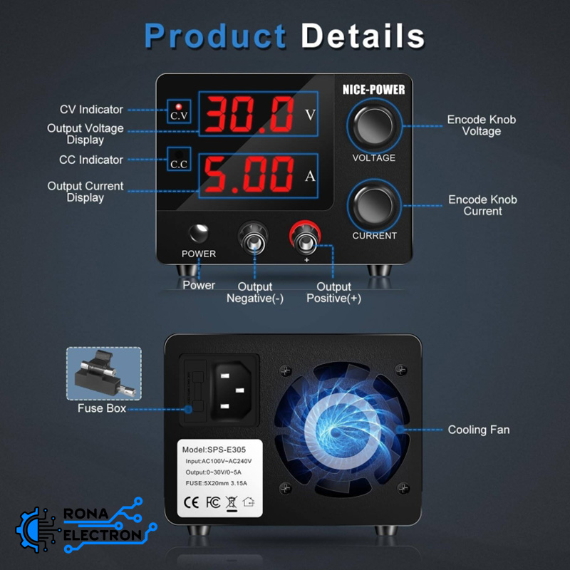 منبع تغذیه دیجیتال 0 تا 30 ولت 5 آمپر NICE-POWER مدل SPS-E305